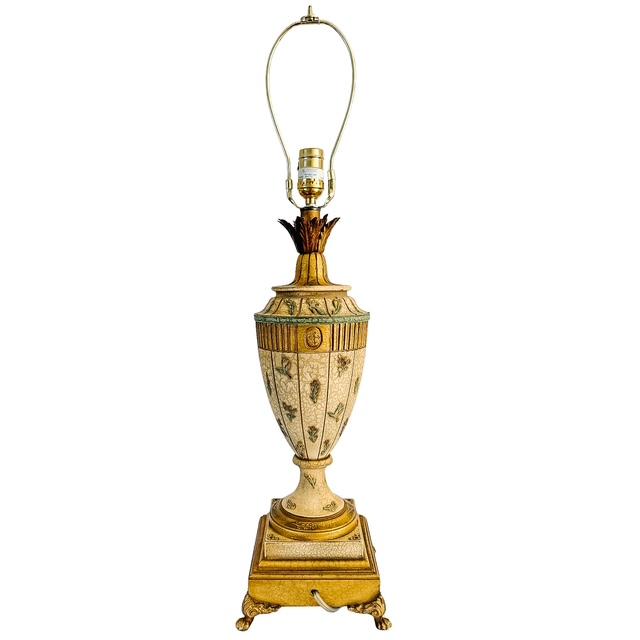 Vintage Neoclassical Crackle Glazed Urn Table Lamps With Medallions - A Pair For Sale - Image 9 of 16