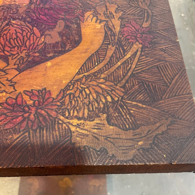 1900s Art Nouveau Pyrography Stand Wooden With a Beautiful Lady For Sale - Image 4 of 12