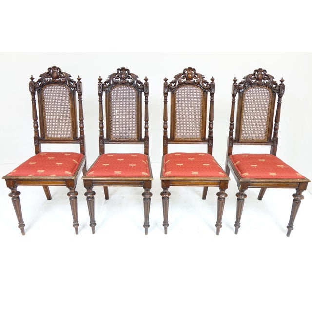 4 Beautiful Heavily Carved Chairs (18" x 17.5" x 43") Intricate Woodworking design Vinyl covered seat cushions, rich...