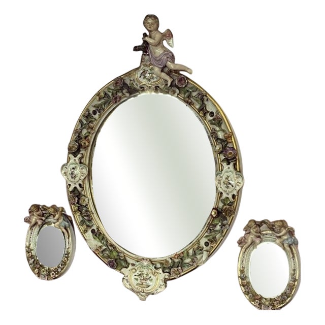 Antique Porcelain Wall or Mantel Mirrors with Cherubs and Birds from Meissen, Germany, Set of 3 For Sale