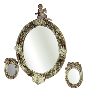 Antique Porcelain Wall or Mantel Mirrors with Cherubs and Birds from Meissen, Germany, Set of 3