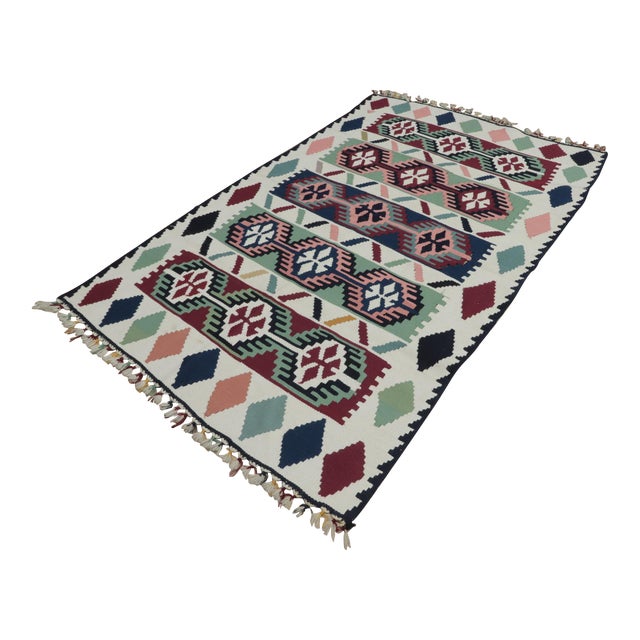 1960s Scandinavian Style Geometric Design Handmade Oushak Kilim Rug For Sale