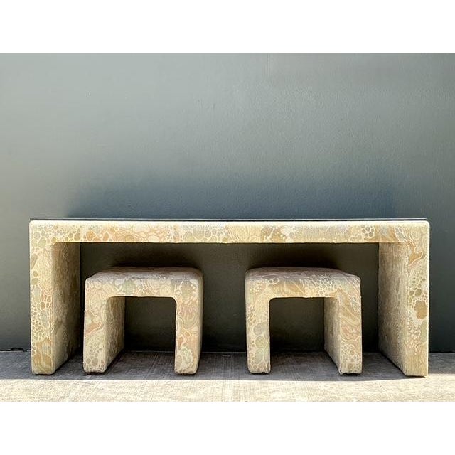Contemporary Vintage 80s Upholstered Console and Stools After Jack Lenor Larsen For Sale - Image 3 of 12