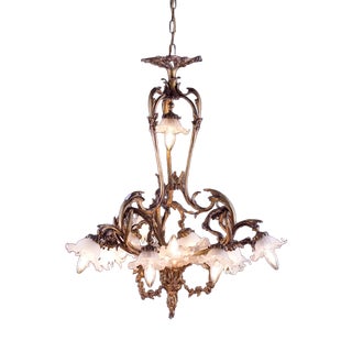 Art Nouveau Chandelier in Bronze and Glass For Sale