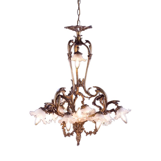 Art Nouveau Chandelier in Bronze and Glass For Sale