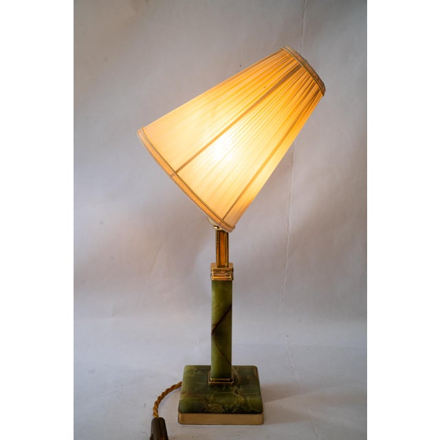 Art Deco Jade Table Lamp with Brass and Fabric Shade, 1920s For Sale - Image 10 of 18