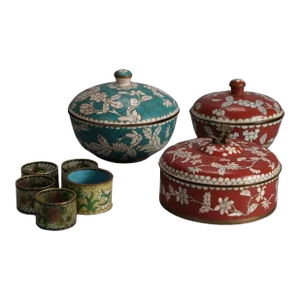 Antique Chinese Cloisonne Enameled Items - Three Boxes & Five Napkin Rings, Circa 1920