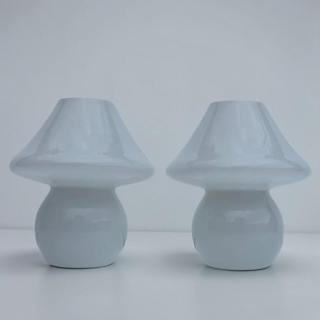 Mid-Century Modern Vintage Italian White Murano Mushroom Lamps - a Pair For Sale - Image 3 of 10