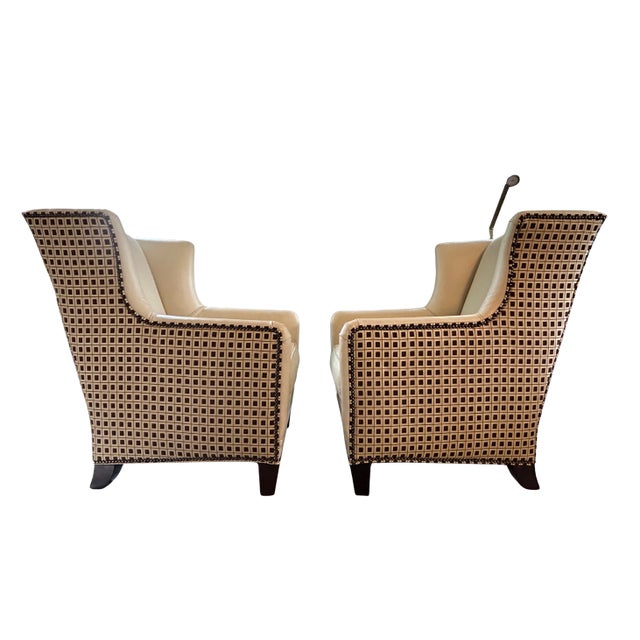 Pair Vintage Henredon Wingback Chairs – Ivory Leather, Geometric Pattern, Nailhead Trim For Sale - Image 15 of 18