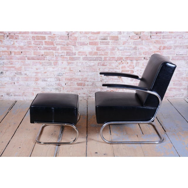 Metal Set of Art Deco Lounge Chair with Ottoman in Chromed Steel and Leather by Willem Hendrik Gispen for Mücke Melder, Czech, 1930s For Sale - Image 7 of 12