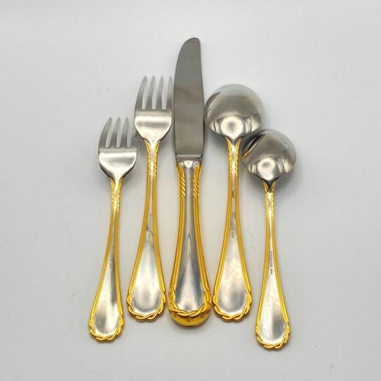 Service for 16! Yamazaki "Tasha" Gold Accent Stainless Luxury Flatware (80-Pieces / 16 Place Settings) Late 20th Century For Sale - Image 9 of 18
