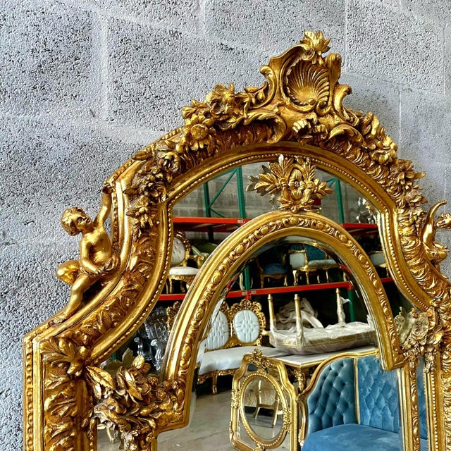 Gold Baroque Rococo Floor Mirror – Gold Leaf Finish With Angel Carvings, 6.6 Ft Tall Statement Mirror For Sale - Image 8 of 9
