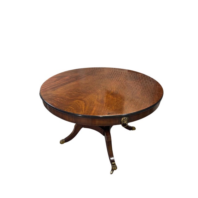 Large circular tilt-top center table crafted in beautifully figured mahogany. The 45-inch diameter top tilts vertically...
