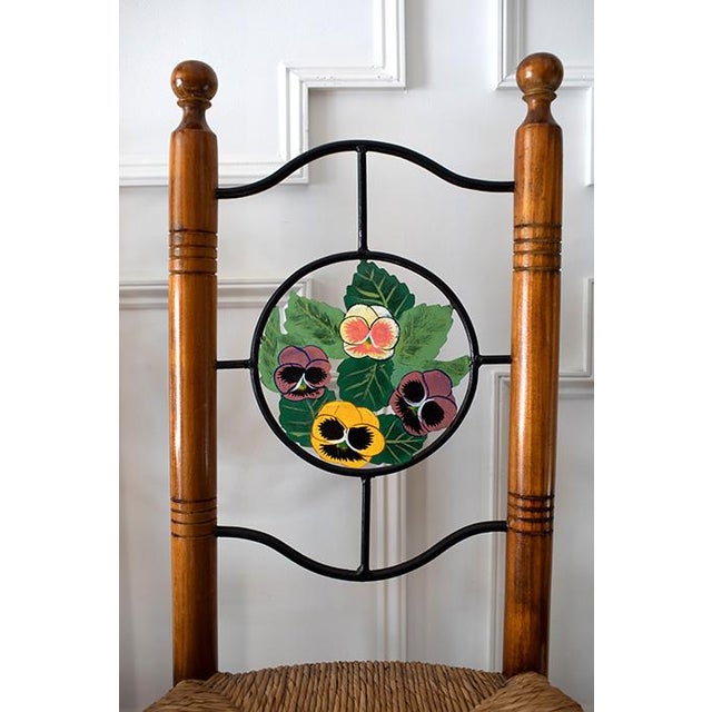 Vintage Hand Painted Folk Art Dining Chairs With Woven Rush Seats - Set of 5 For Sale In Minneapolis - Image 6 of 13
