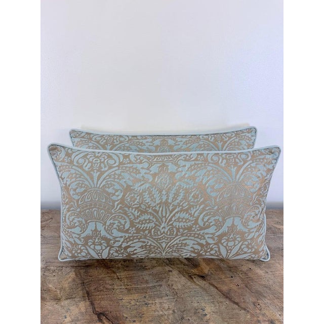 Custom Aquamarine & Gold Fortuny Lumbar Pillows For Sale - Image 11 of 12