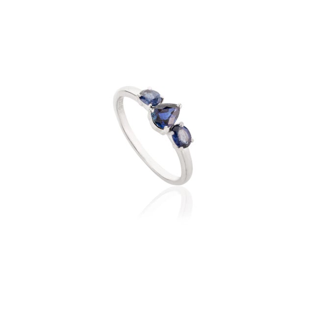 Art Deco 14k White Gold Three Stone Royal Blue Sapphire Ring Size 7 For Sale - Image 3 of 11