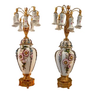 Late 20th Century Pair Monumental Tiche Milano Porcelain Floral Urn Lamps, Italy For Sale