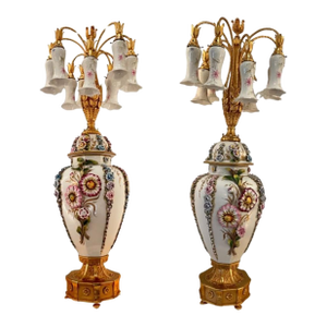Late 20th Century Pair Monumental Tiche Milano Porcelain Floral Urn Lamps, Italy