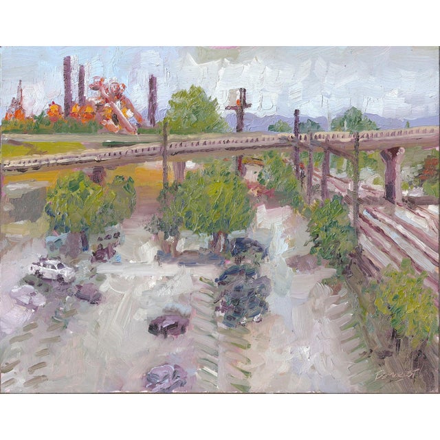 This oil painting captures a dynamic urban landscape, showcasing a view of the Sloss Furnaces and the surrounding area...