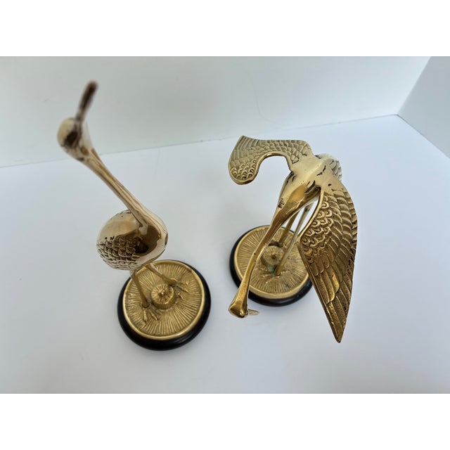 Mid Century Modern Large Brass Crane Figures on Wood Base - A Pair For Sale - Image 11 of 12