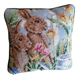 Rabbit Bunny Needlepoint Velvet Pillow For Sale