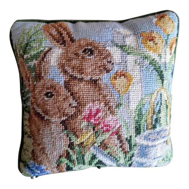 Rabbit Bunny Needlepoint Velvet Pillow For Sale