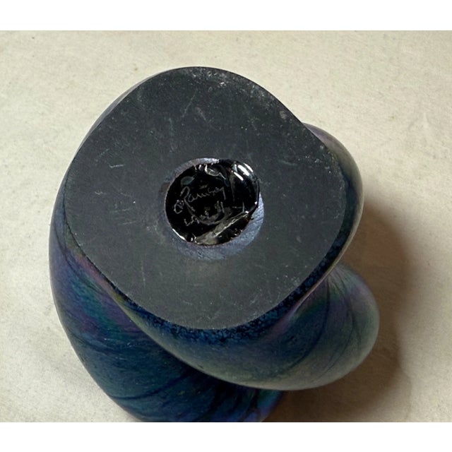 Vintage Hand Blown Charles v Ramsay Blue Iridescent Paperweight Vase Sculpture For Sale - Image 12 of 12