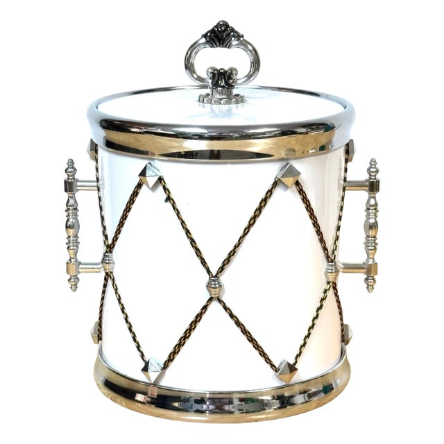 Elegant Hollywood Regency White & Silver Drum Form Ice Bucket/Cooler For Sale