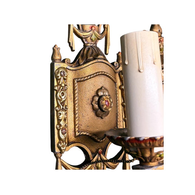 Printmaking Materials 1920s Cast Aluminum Wall Sconces With Original Polychrome Finish - Pair For Sale - Image 7 of 9
