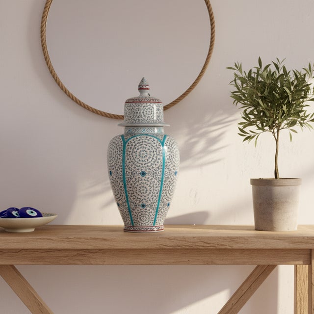 Handmade Ceramic “Shah” Vase (30cm) – Golden Horn Spirals & Dome Lid – Royal Iznik Decor For Sale - Image 4 of 7