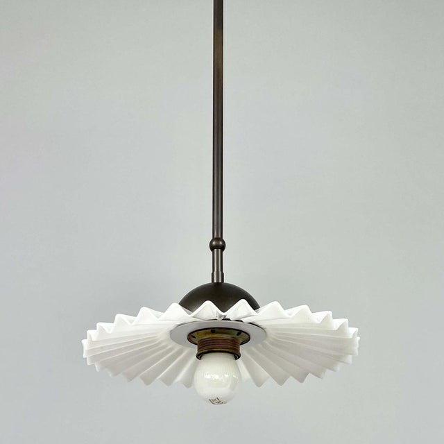 French Art Deco White Opaline Glass and Burnished Brass Pendant, 1940s For Sale - Image 13 of 18