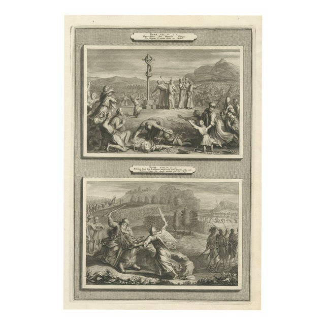 Pieter Mortier, The Brazen Serpent and Balaam's Ass Stopped by the Angel, 1700, Engraving For Sale