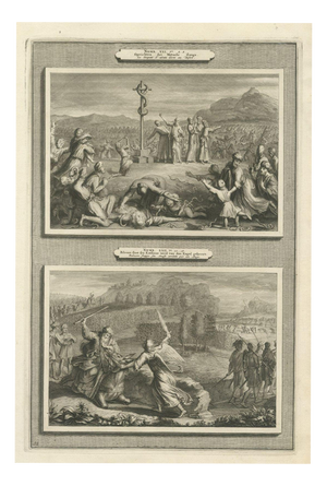 Pieter Mortier, The Brazen Serpent and Balaam's Ass Stopped by the Angel, 1700, Engraving