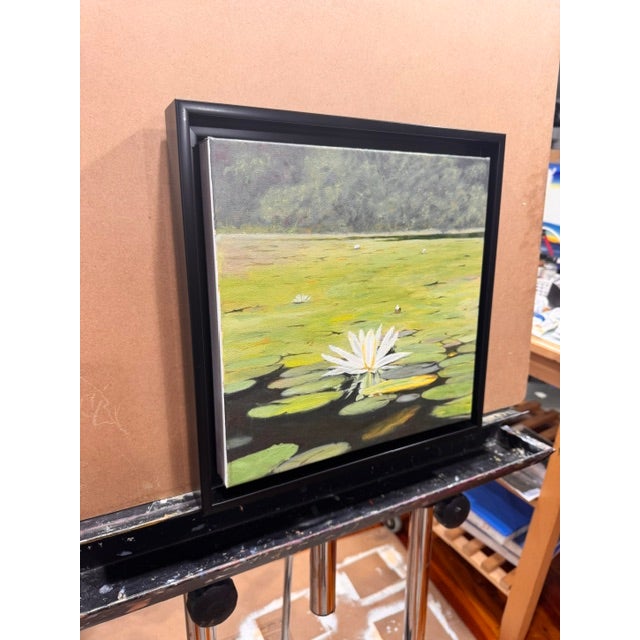 Lotus on the Pond by Kathleen Varadi, Contemporary Water Lily Landscape Painting For Sale - Image 4 of 6