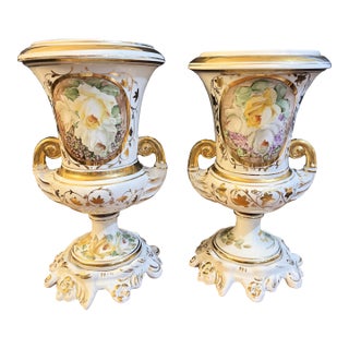 Antique Pair French Edwardian Campana Porcelain Urns Vases Still Life Flowers For Sale
