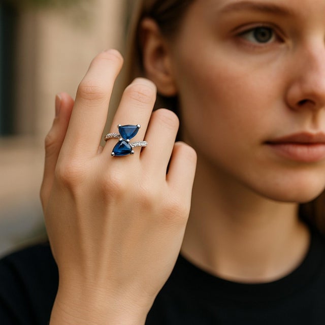 14k White Gold Matched 2 Pear-Shaped Sapphire and Diamond Cross Ring, Size 6.25 For Sale - Image 4 of 9