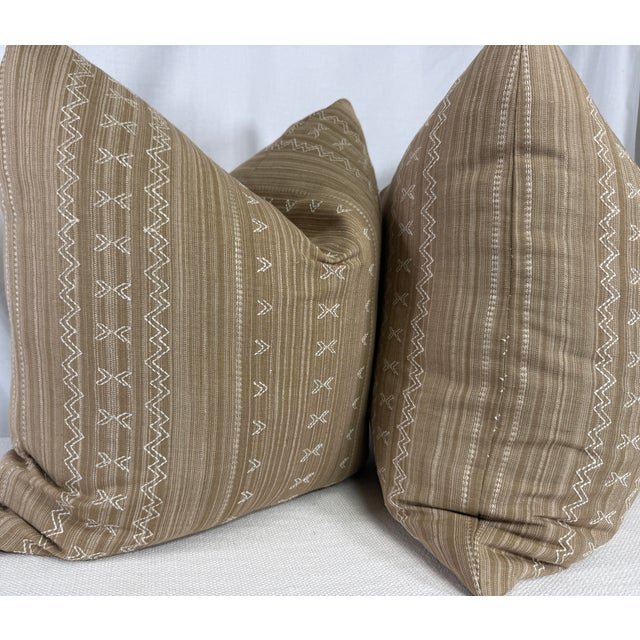 Transitional Thibaut "Charter Stripe Embroidery" in Camel 22" Pillows-a Pair For Sale - Image 3 of 3