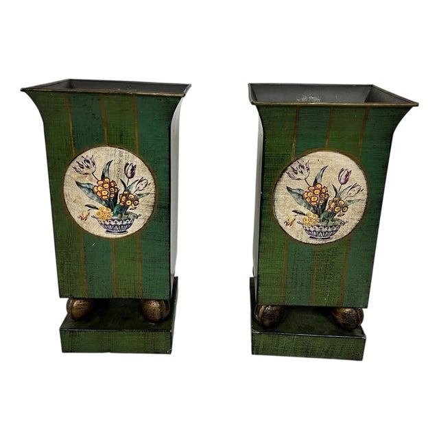 Vintage Metal Tole Vases - A Pair For Sale