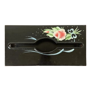 Vintage Black Metal Tissue Box Cover With Hand-Painted Floral Design – Wall-Mountable For Sale
