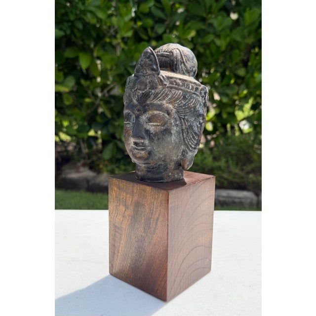 Mid 20th Century Vintage Asian Bronze Buddha Head on Wood Pedestal For Sale - Image 5 of 12