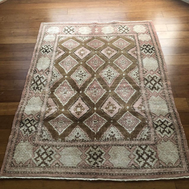 Turkish Vintage Turkish Rug: Pink & Brown Diamond Pattern | 4'4"x5'7" For Sale - Image 3 of 7