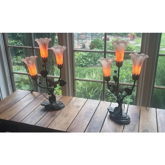 Vintage Table Lamps Pink Glass Tulip Dale Tiffany Style Pair For Sale - Image 10 of 11