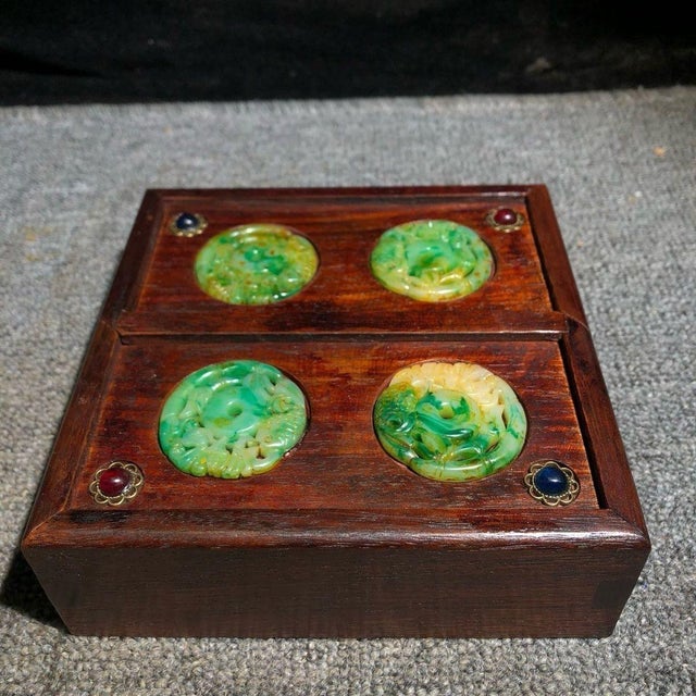 Brown Vintage Huali Wood Double-Drawer Jewelry Box With Carved Green Jade Discs For Sale - Image 8 of 9