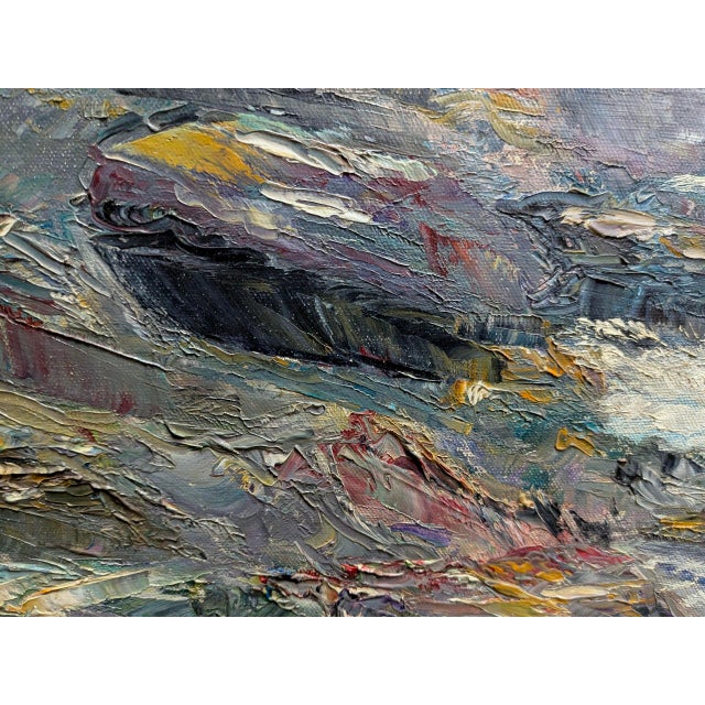 Textile 1970s Audrey Myrick Original Coastal Seascape Oil on Canvas in Carved Gilt Frame For Sale - Image 7 of 13