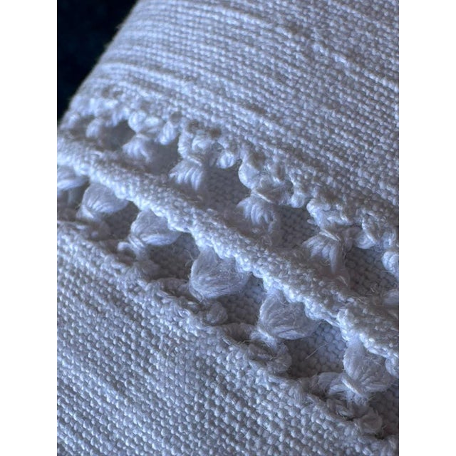 Linen Antique French Linen Sheet Circa 1920 Pf Monogram Hand Embroidered Whitework Ladderwork French Trousseau For Sale - Image 8 of 9