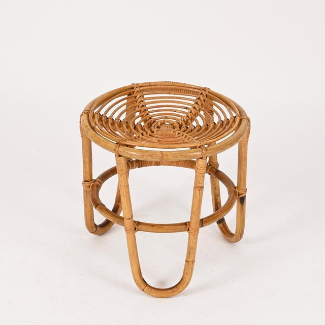 French Riviera Rattan and Wicker Round Stool by Tito Agnoli, Italy, 1960s For Sale - Image 9 of 14