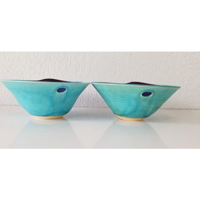 1980s Vintage Purple and Blue Turquoise Glazed Pottery Bowls - a Pair For Sale - Image 5 of 8