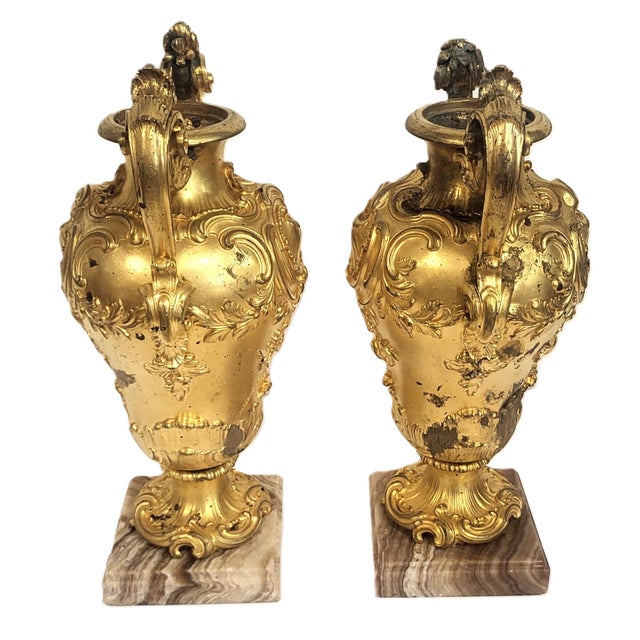 Pair Antique French 19th C Rococo Gilt Bronze Urns Barbedienne Vase on Marble For Sale - Image 4 of 18
