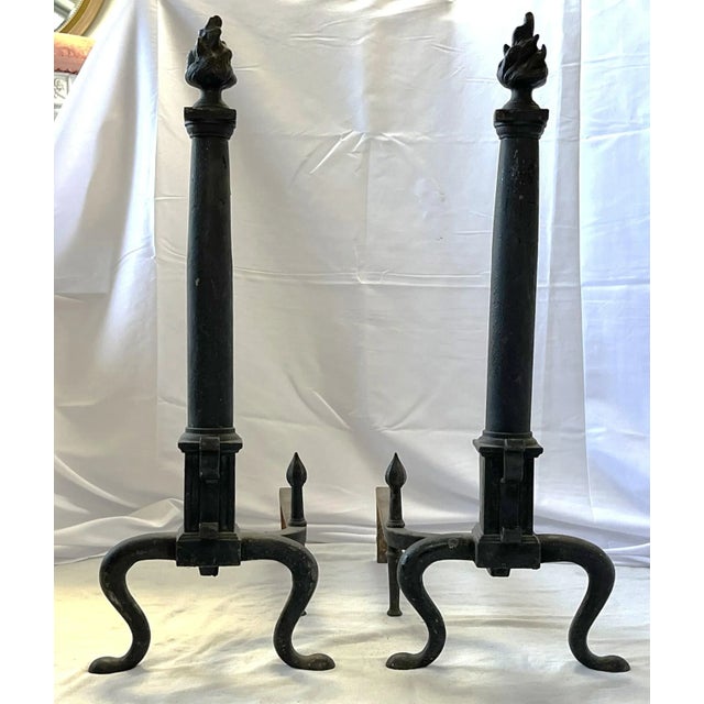 Mid-Century Modern Mid Century Hollywood Regency Cast Iron Andirons With Flame Motif Top- a Pair For Sale - Image 3 of 13