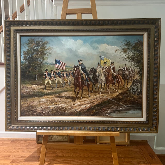 20 th Century American school oil on canvas depicting George Washington leading Pennsylvania State Regiment of Light horse...